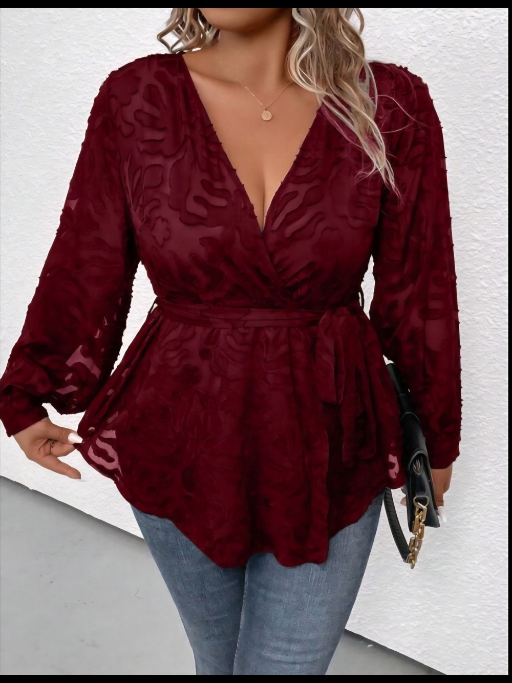 Burgundy Textured Wrap Peplum Blouse